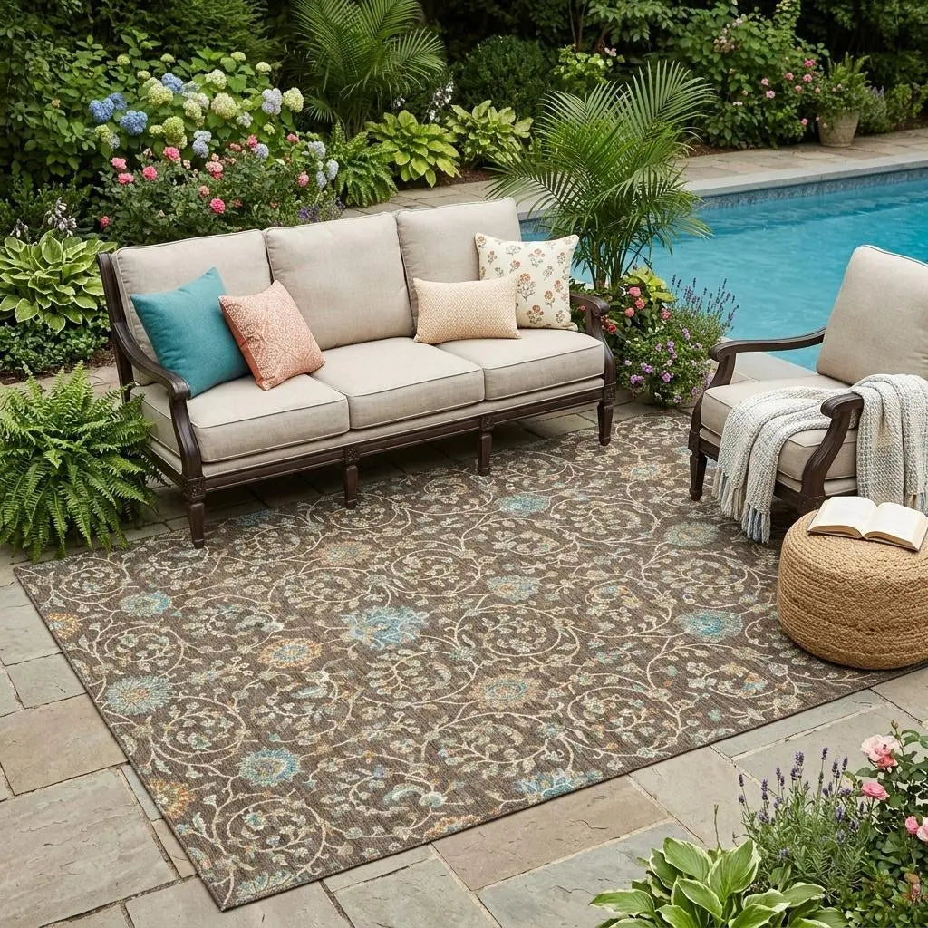 5' X 8' Coffee And Brown Floral Washable Indoor Outdoor Area Rug Homeroots Outdoor