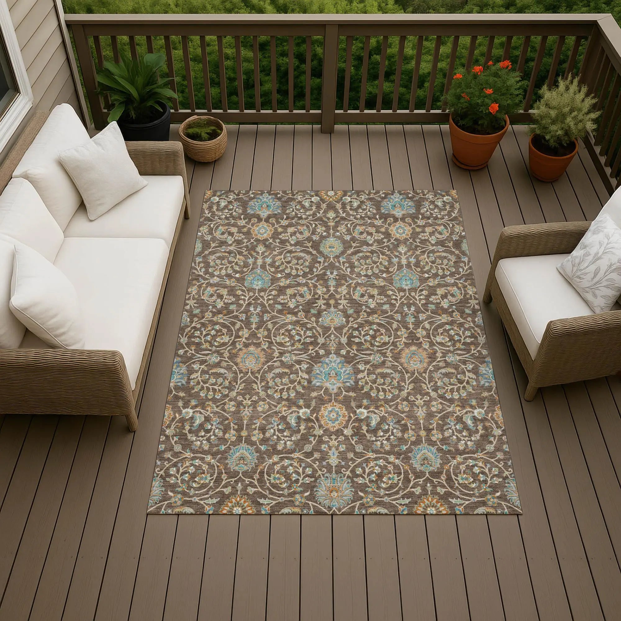5' X 8' Coffee And Brown Floral Washable Indoor Outdoor Area Rug Homeroots Outdoor