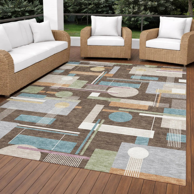 5' X 8' Coffee And Brown Geometric Washable Indoor Outdoor Area Rug Homeroots Outdoor