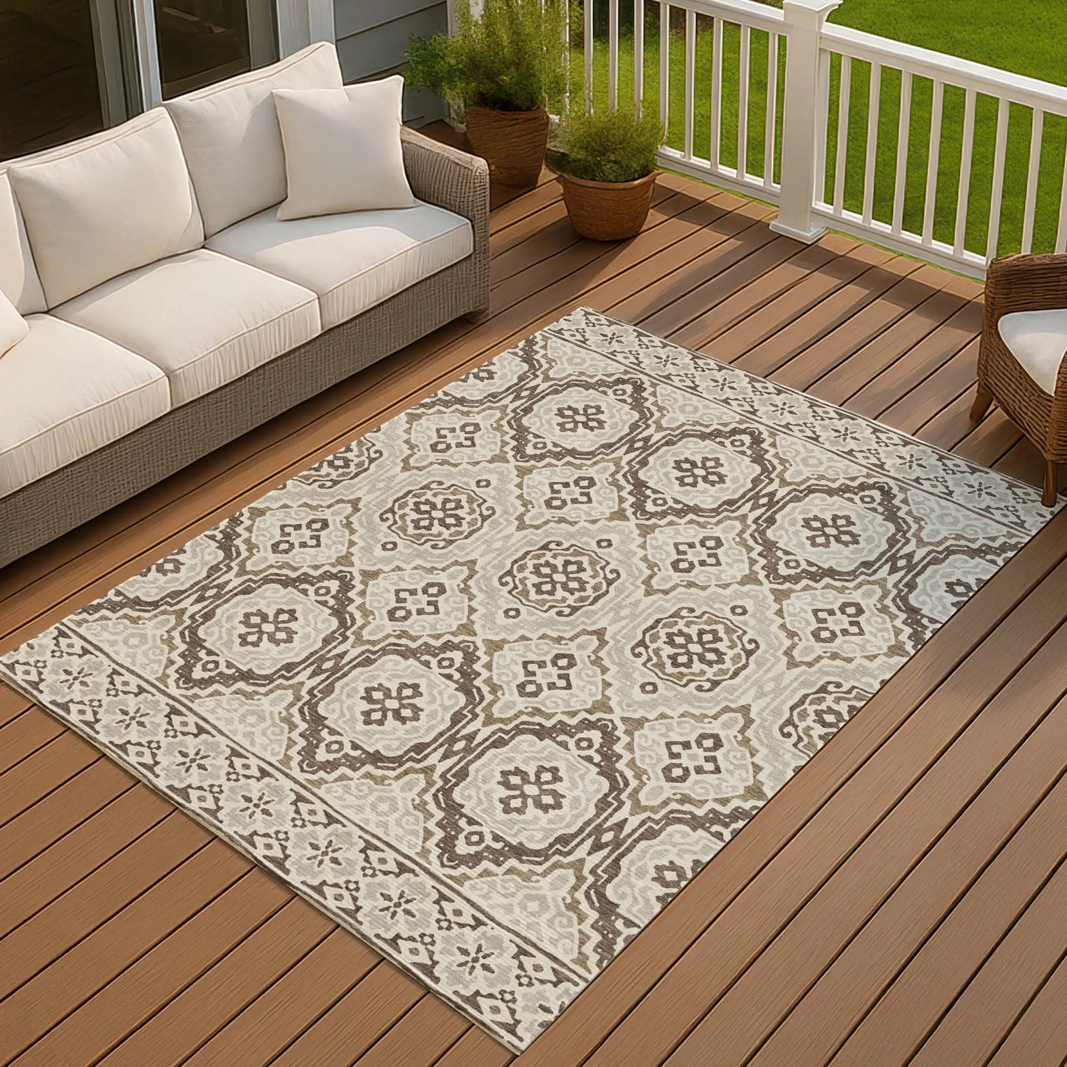 5' X 8' Coffee And Gray Tribal Washable Indoor Outdoor Area Rug Homeroots Outdoor