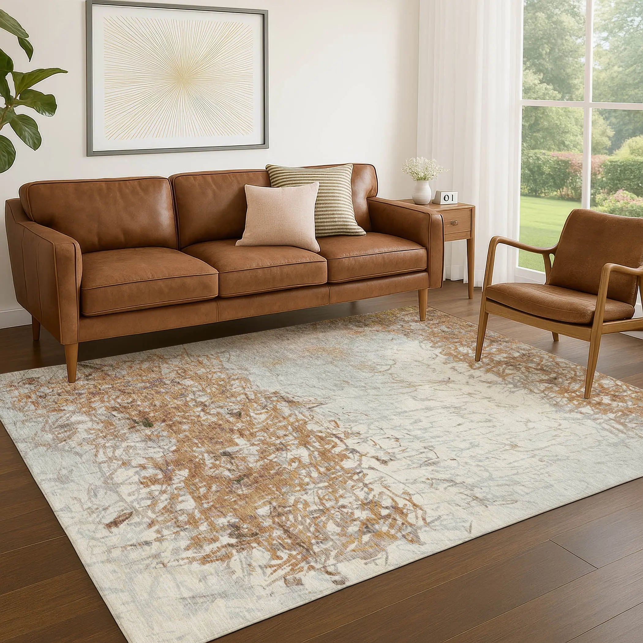5' X 8' Copper And Beige Abstract Washable Indoor Outdoor Area Rug Homeroots Outdoor