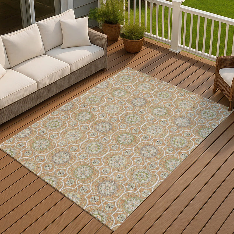 5' X 8' Copper And Beige Floral Medallion Washable Indoor Outdoor Area Rug Homeroots Outdoor