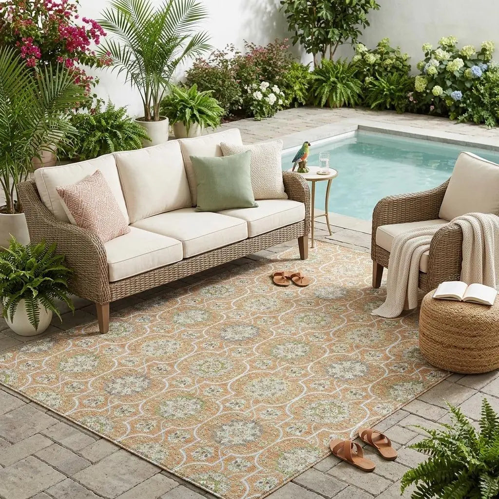 5' X 8' Copper And Beige Floral Medallion Washable Indoor Outdoor Area Rug Homeroots Outdoor
