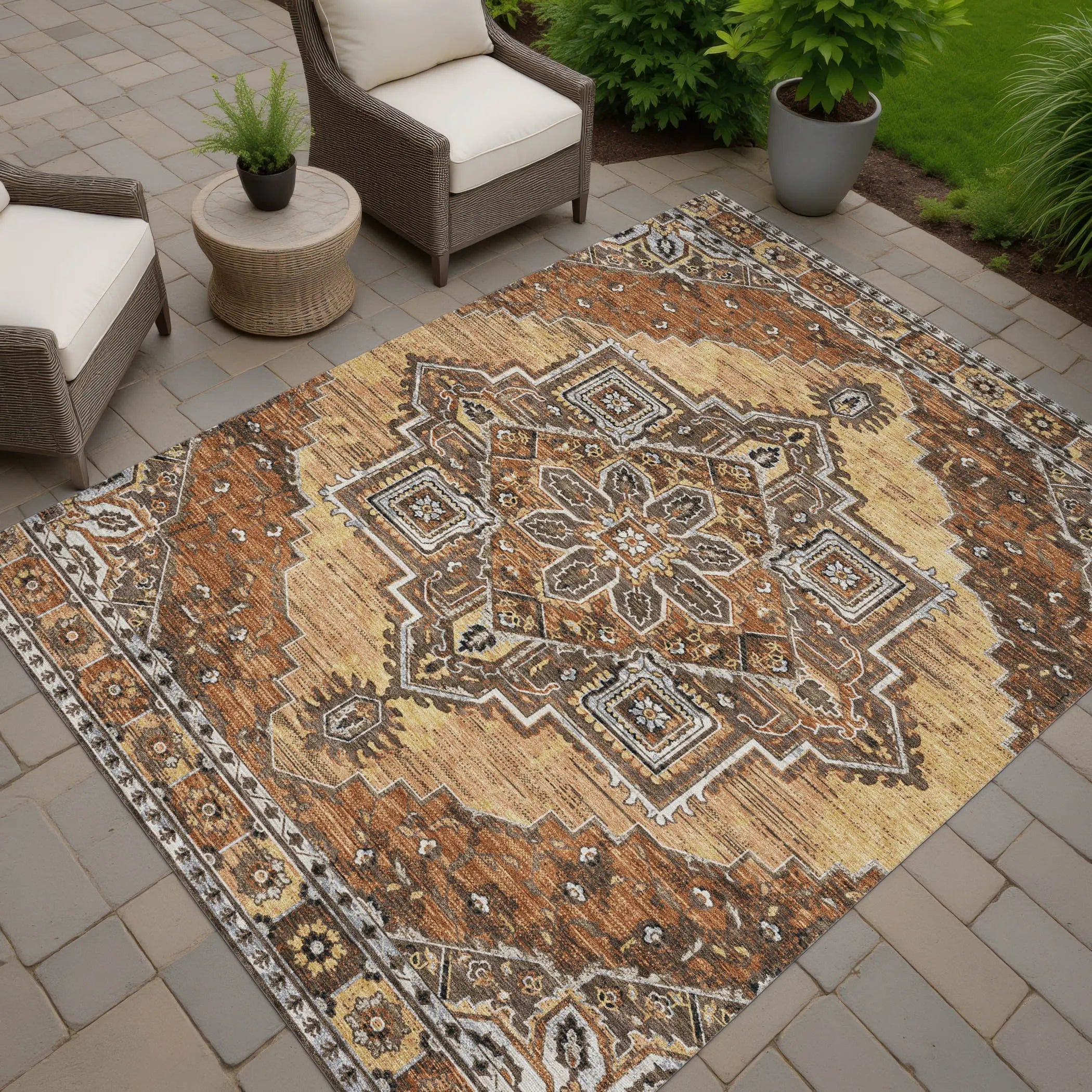 5' X 8' Copper And Beige Oriental Washable Indoor Outdoor Area Rug Homeroots Outdoor