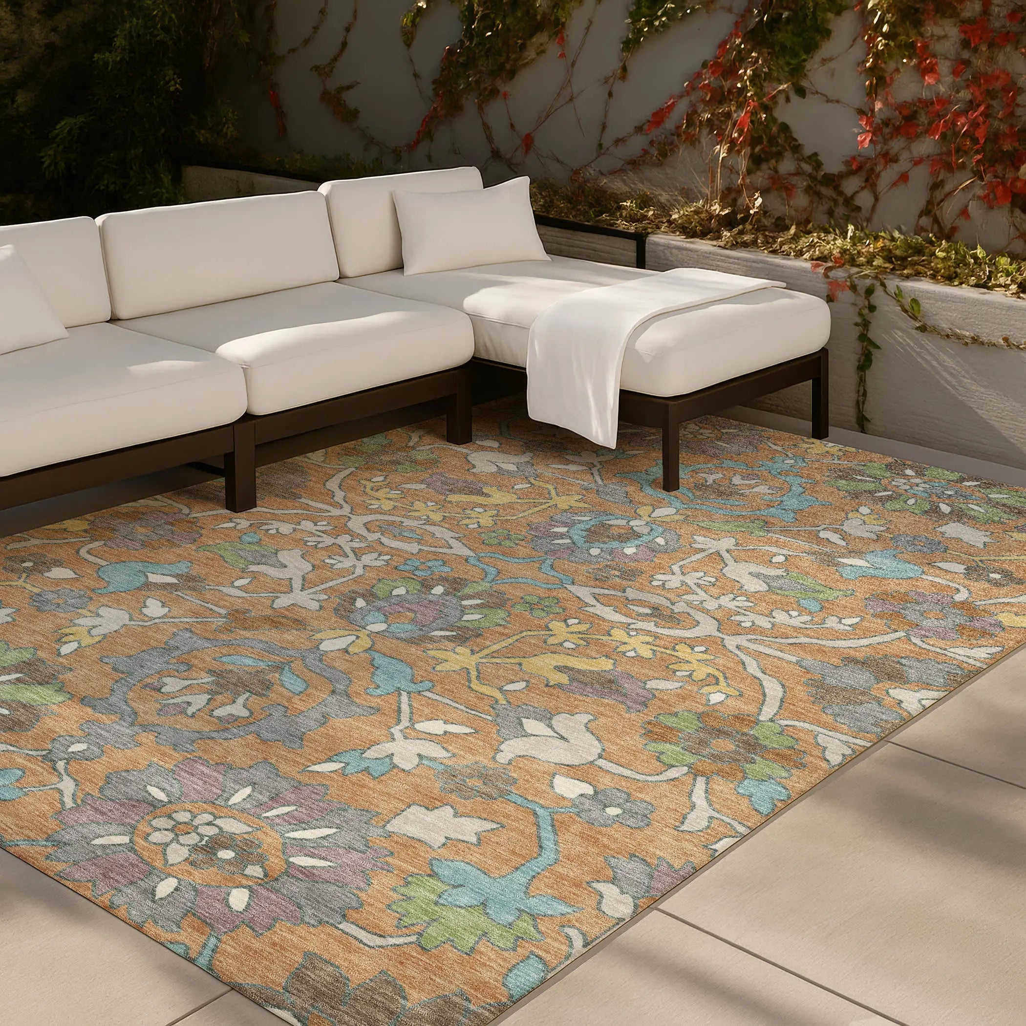 5' X 8' Copper And Blue Floral Washable Indoor Outdoor Area Rug Homeroots Outdoor