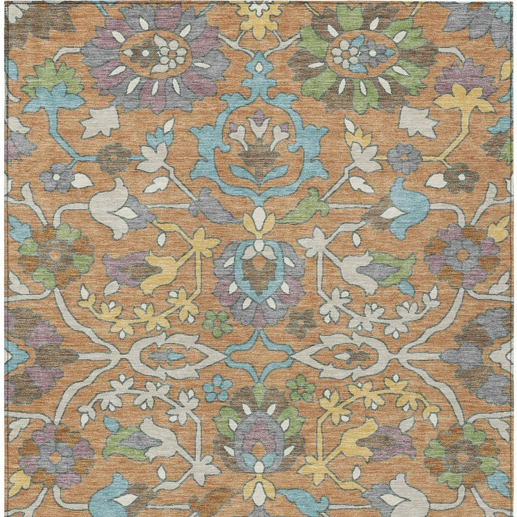 5' X 8' Copper And Blue Floral Washable Indoor Outdoor Area Rug Homeroots Outdoor