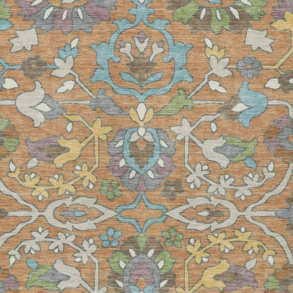 5' X 8' Copper And Blue Floral Washable Indoor Outdoor Area Rug Homeroots Outdoor