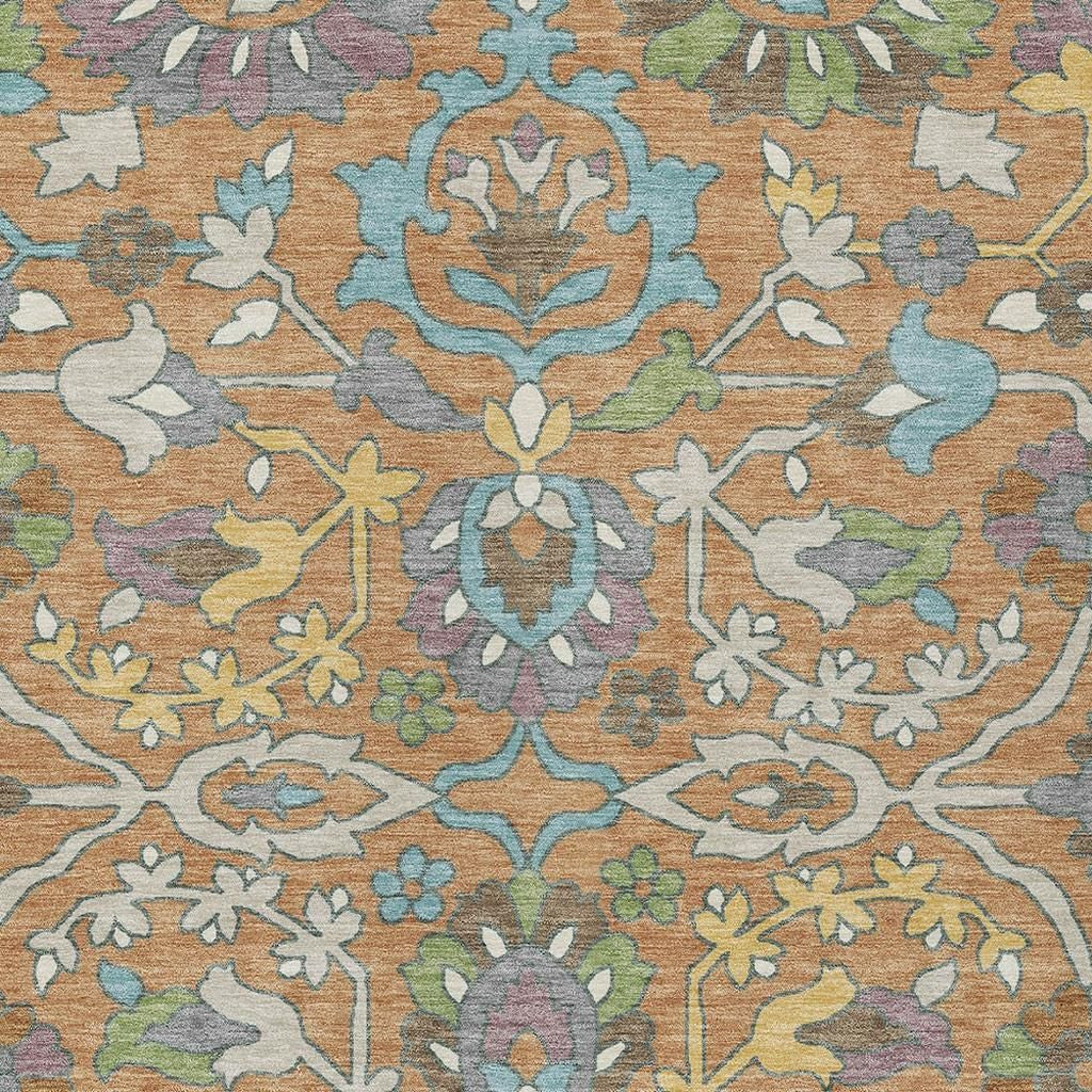 5' X 8' Copper And Blue Floral Washable Indoor Outdoor Area Rug Homeroots Outdoor