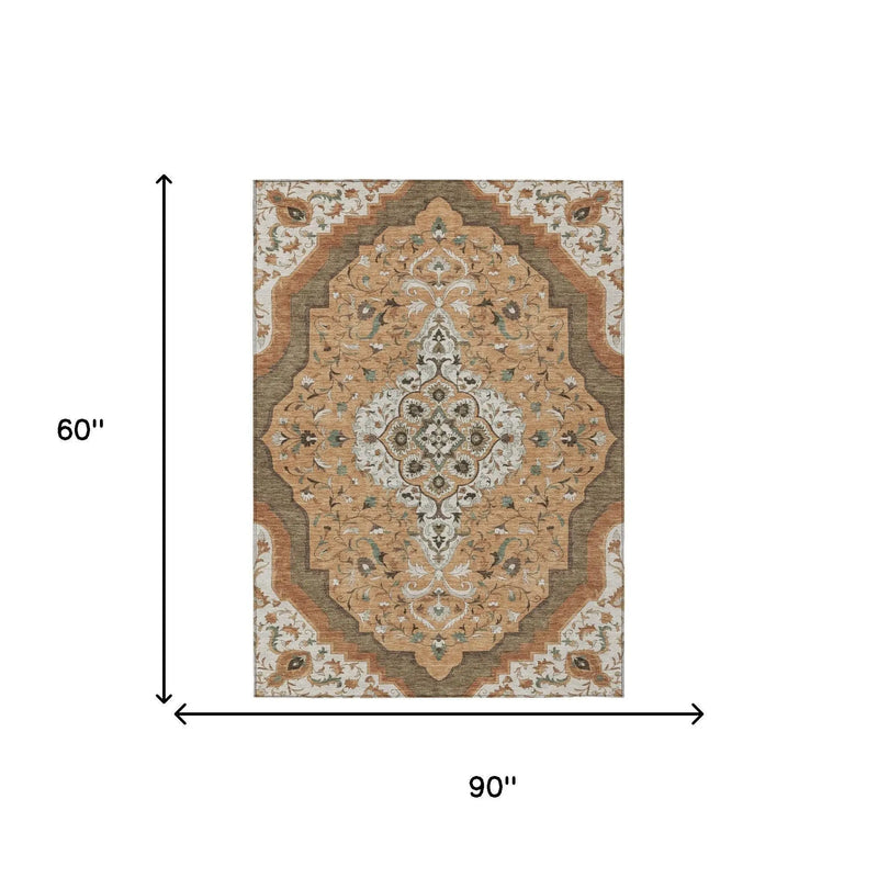 5' X 8' Copper And Blue Medallion Washable Indoor Outdoor Area Rug Homeroots Outdoor