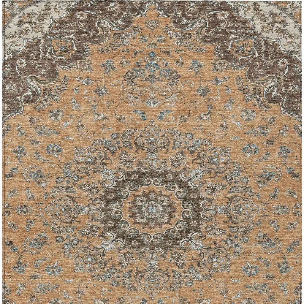 5' X 8' Copper And Chocolate Floral Medallion Washable Indoor Outdoor Area Rug Homeroots Outdoor