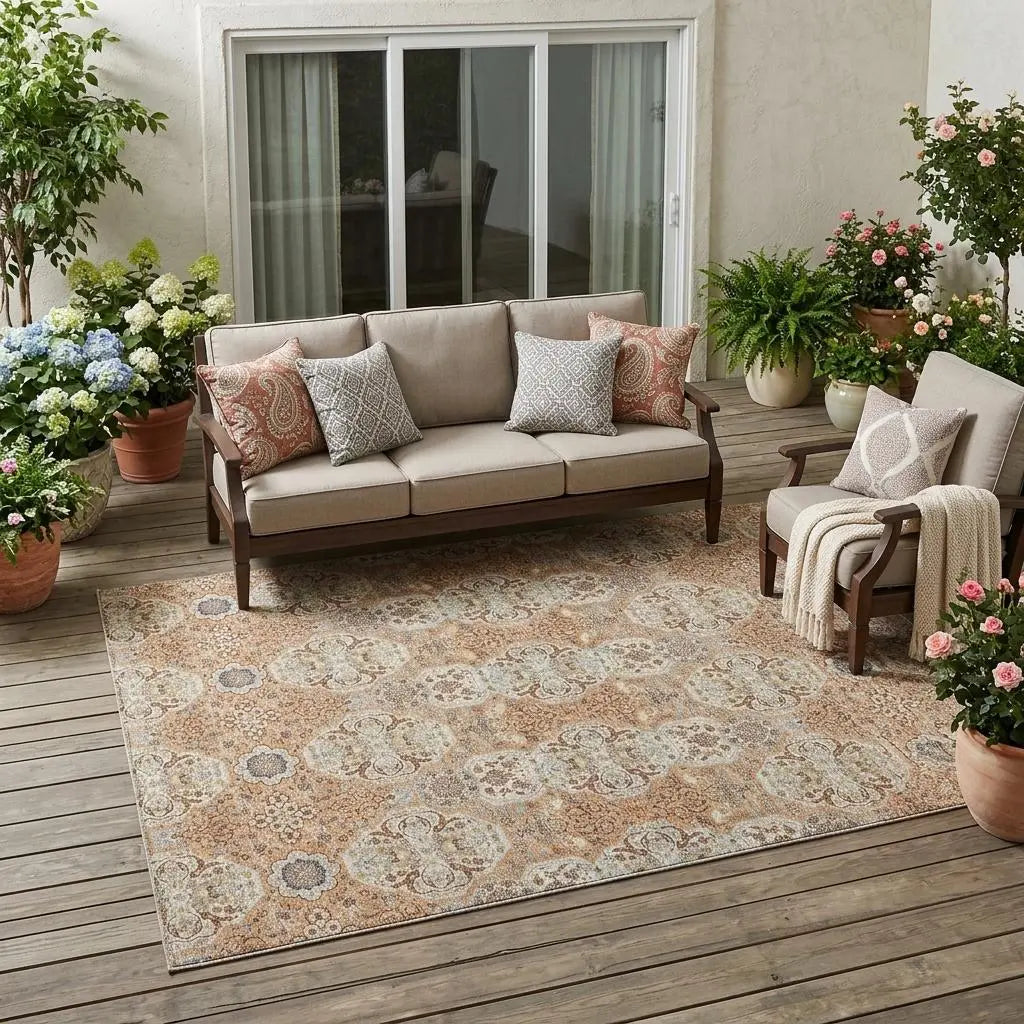 5' X 8' Copper And Gold Floral Washable Indoor Outdoor Area Rug Homeroots Outdoor