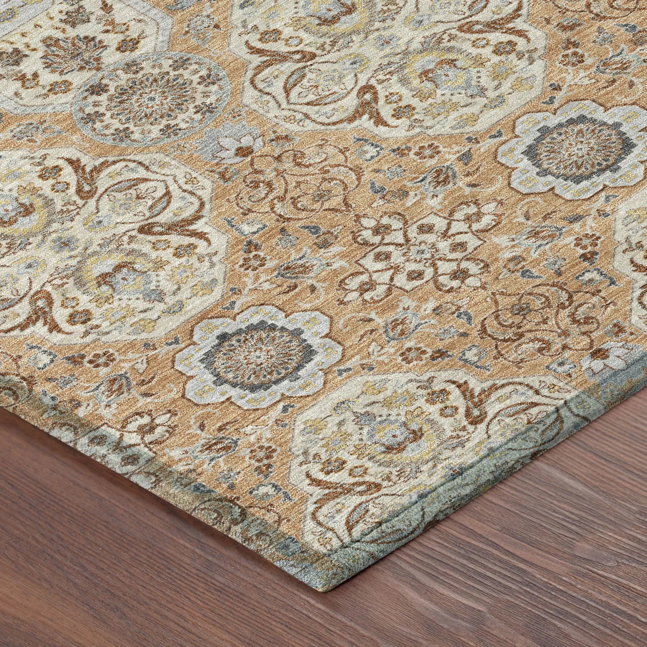 5' X 8' Copper And Gold Floral Washable Indoor Outdoor Area Rug Homeroots Outdoor
