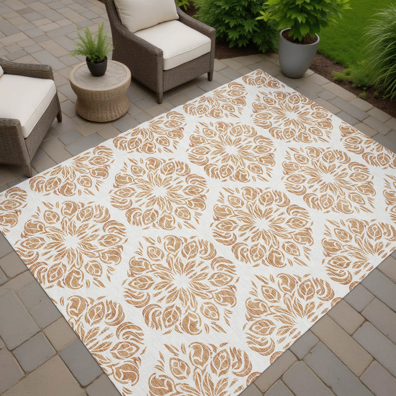 5' X 8' Copper And Ivory Damask Washable Indoor Outdoor Area Rug Homeroots Outdoor