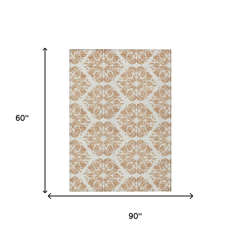 5' X 8' Copper And Ivory Damask Washable Indoor Outdoor Area Rug Homeroots Outdoor