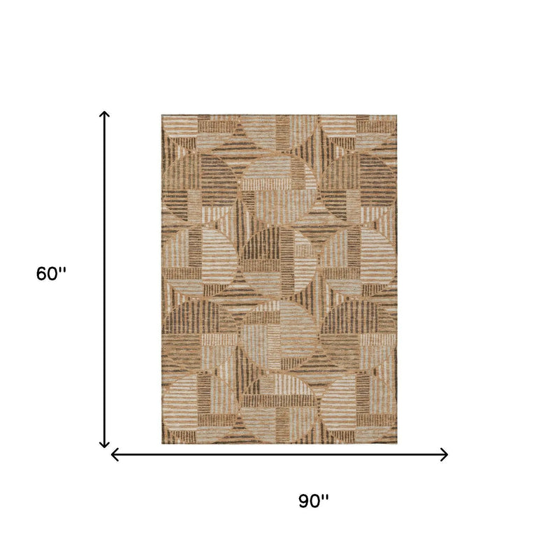 5' X 8' Copper And Khaki Geometric Washable Indoor Outdoor Area Rug Homeroots Outdoor