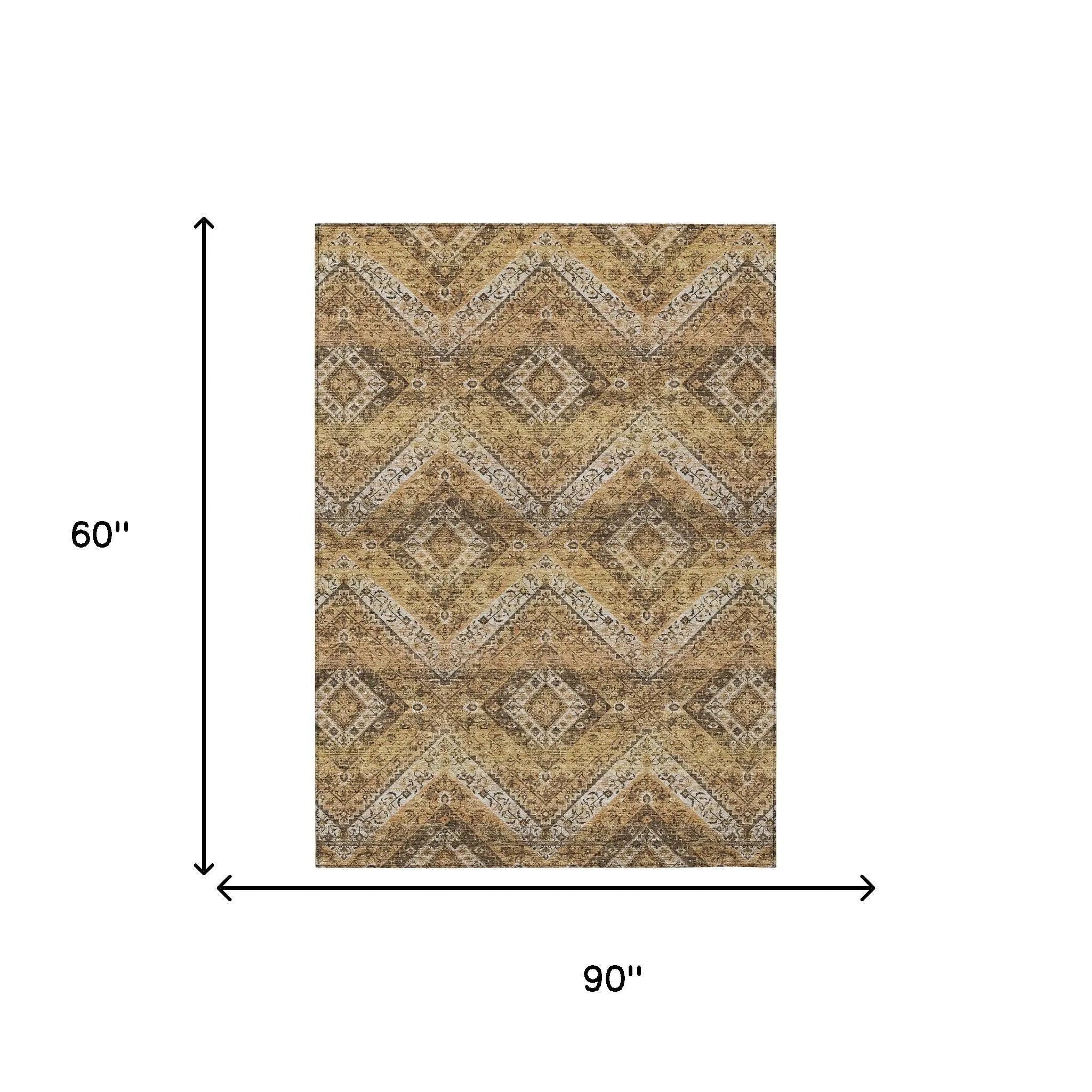 5' X 8' Copper And Khaki Tribal Washable Indoor Outdoor Area Rug Homeroots Outdoor
