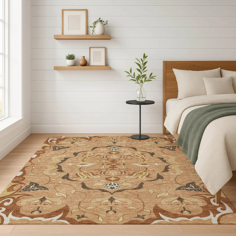 5' X 8' Copper And Orange Damask Washable Indoor Outdoor Area Rug Homeroots Outdoor