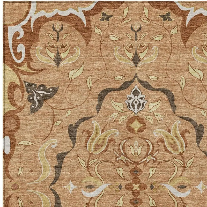 5' X 8' Copper And Orange Damask Washable Indoor Outdoor Area Rug Homeroots Outdoor