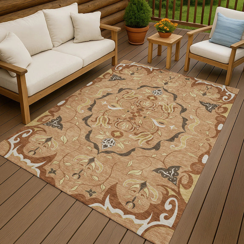5' X 8' Copper And Orange Damask Washable Indoor Outdoor Area Rug Homeroots Outdoor
