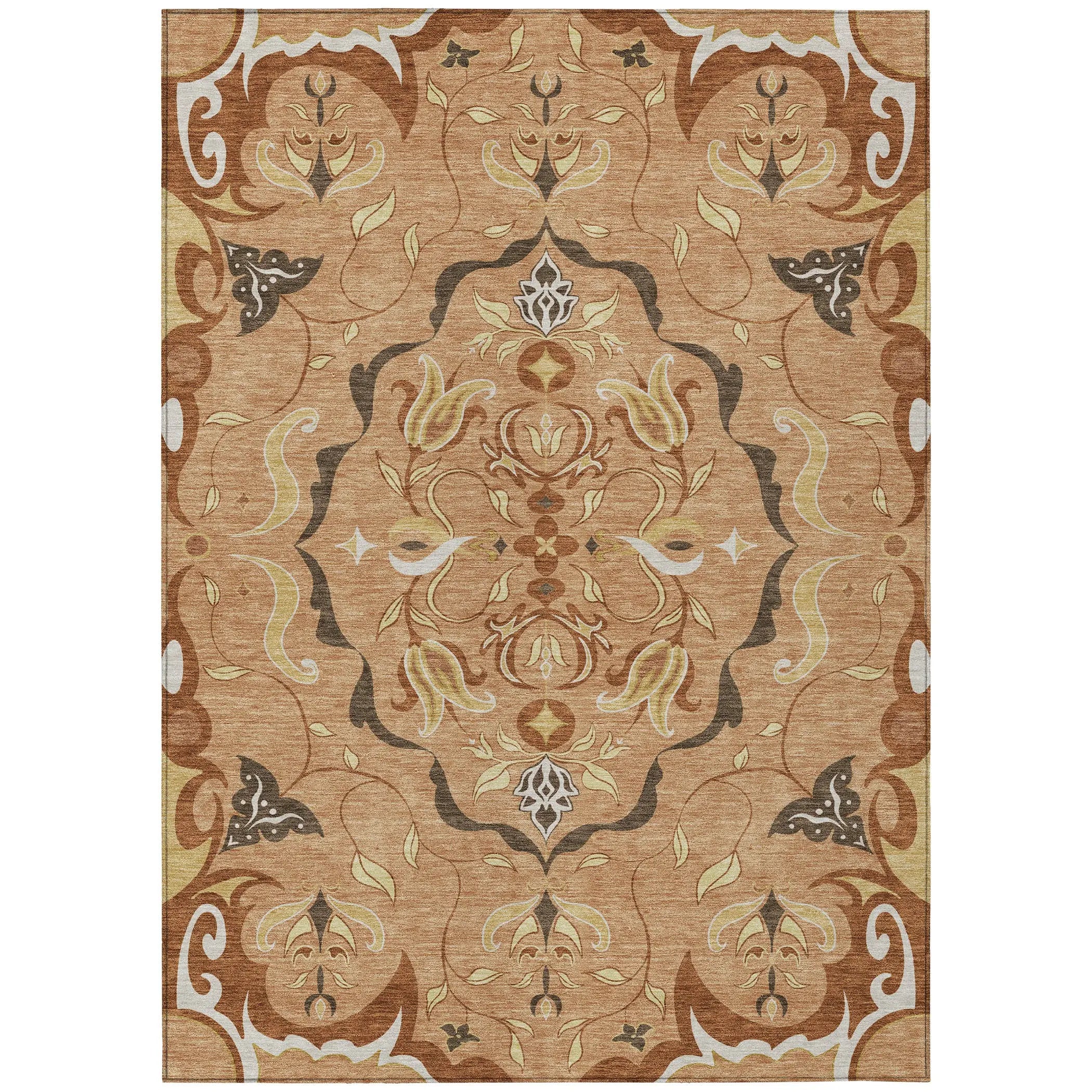 5' X 8' Copper And Orange Damask Washable Indoor Outdoor Area Rug Homeroots Outdoor
