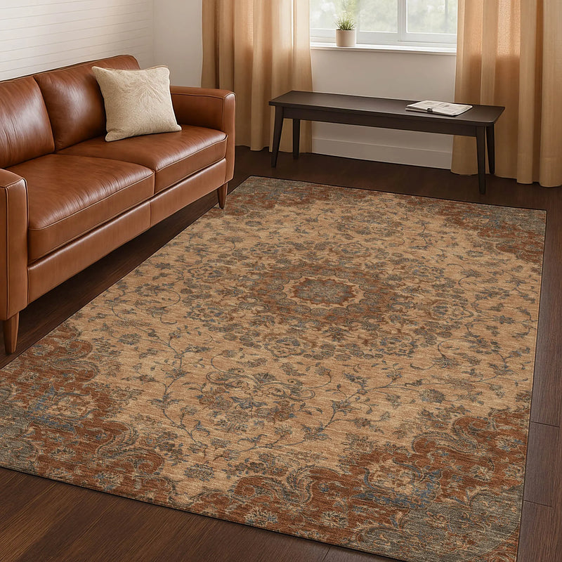 5' X 8' Copper And Orange Floral Medallion Washable Indoor Outdoor Area Rug Homeroots Outdoor
