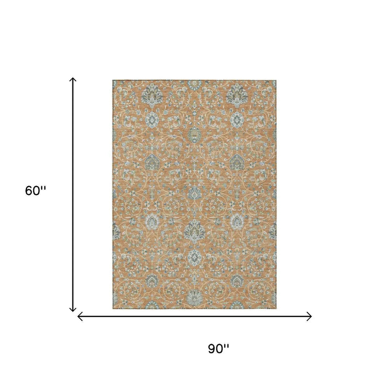 5' X 8' Copper And Orange Floral Washable Indoor Outdoor Area Rug Homeroots Outdoor