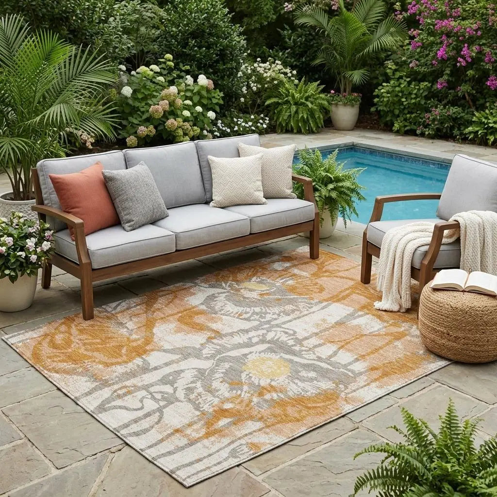 5' X 8' Copper And Orange Floral Washable Indoor Outdoor Area Rug Homeroots Outdoor