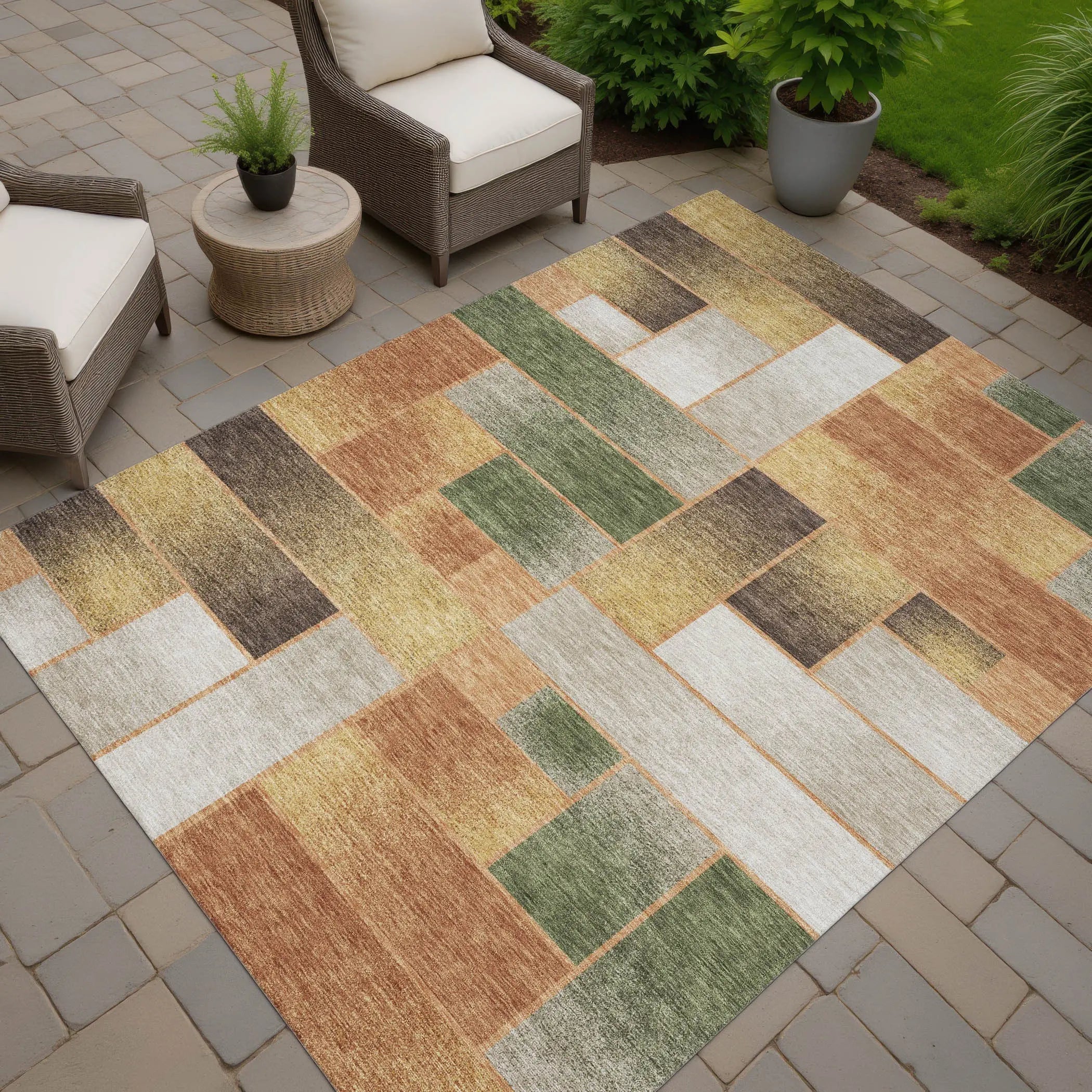 5' X 8' Copper And Orange Geometric Washable Indoor Outdoor Area Rug Homeroots Outdoor