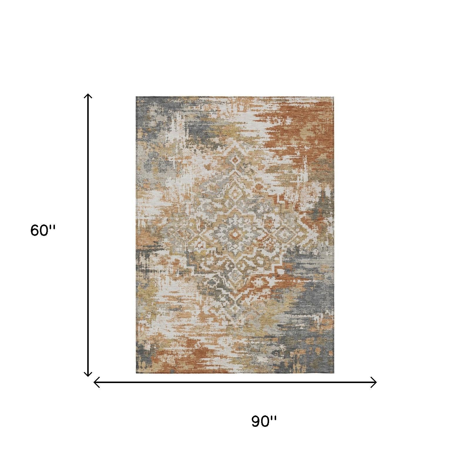 5' X 8' Copper And Orange Medallion Washable Indoor Outdoor Area Rug Homeroots Outdoor