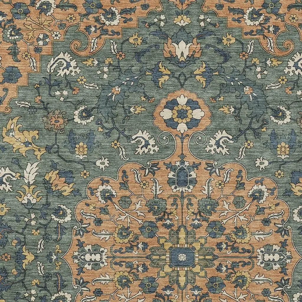 5' X 8' Copper And Sage Floral Medallion Washable Indoor Outdoor Area Rug Homeroots Outdoor