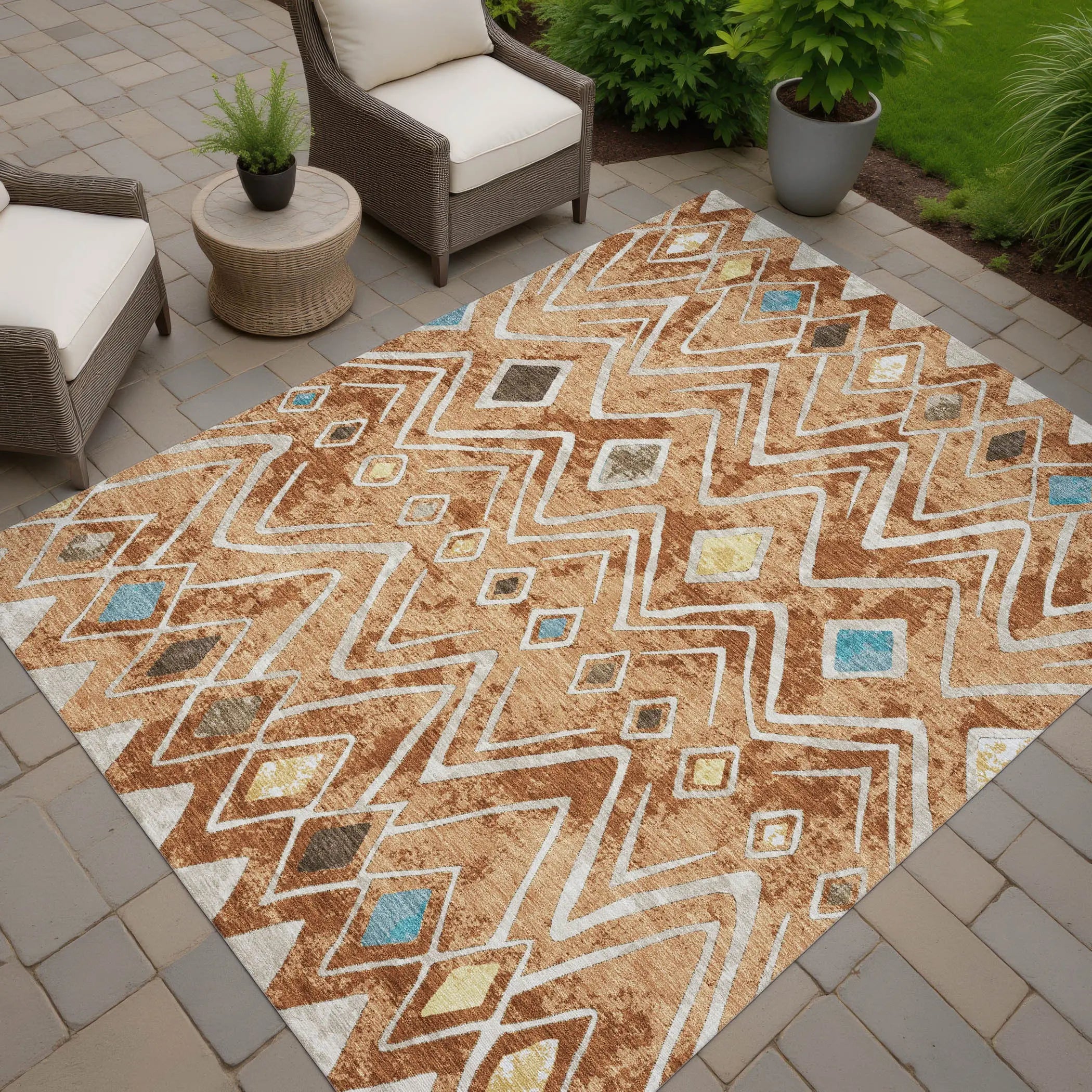 5' X 8' Copper And Taupe Geometric Washable Indoor Outdoor Area Rug Homeroots Outdoor