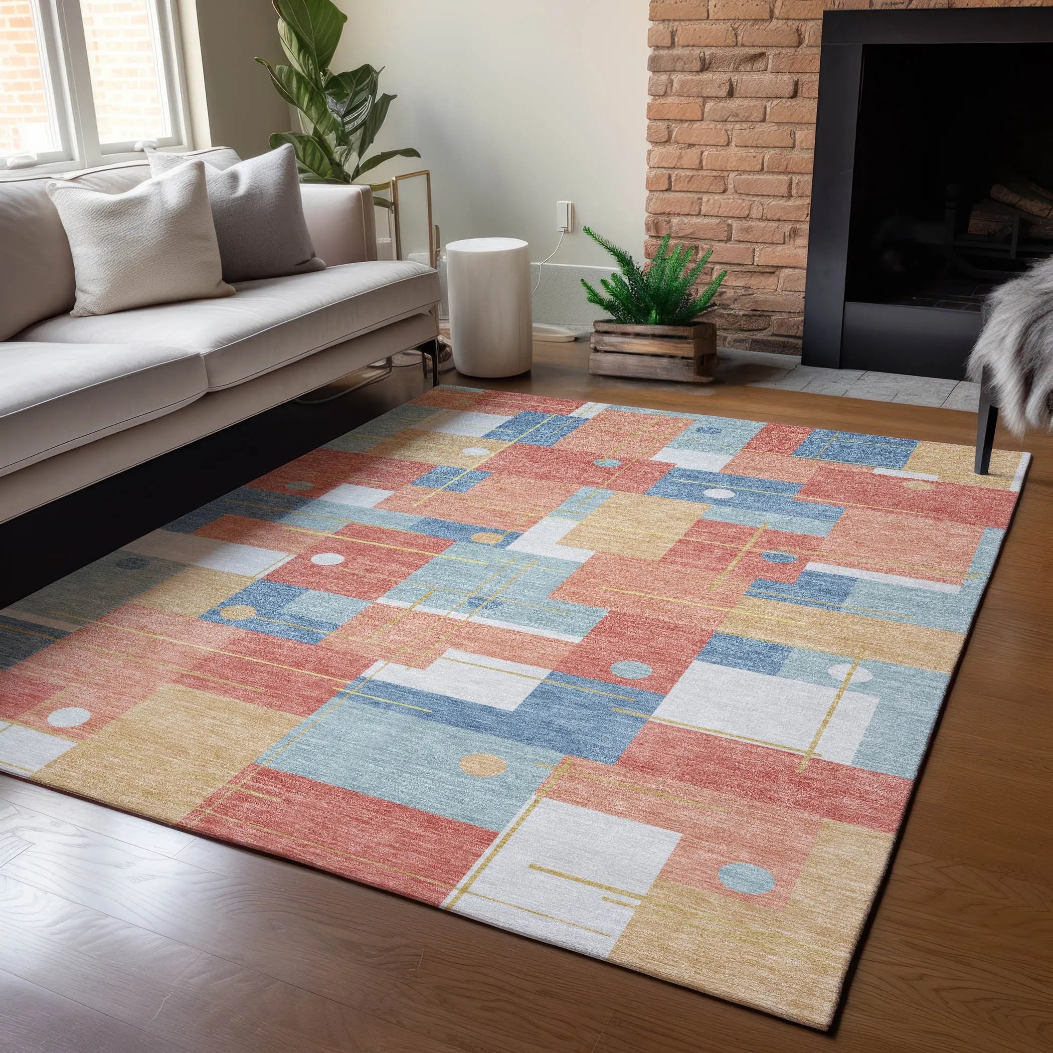 5' X 8' Coral And Brown Geometric Washable Indoor Outdoor Area Rug Homeroots Outdoor
