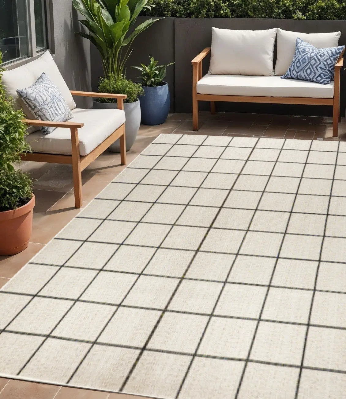 5' X 8' Cream And Dark Gray Plaid Indoor Outdoor Area Rug Homeroots Outdoor
