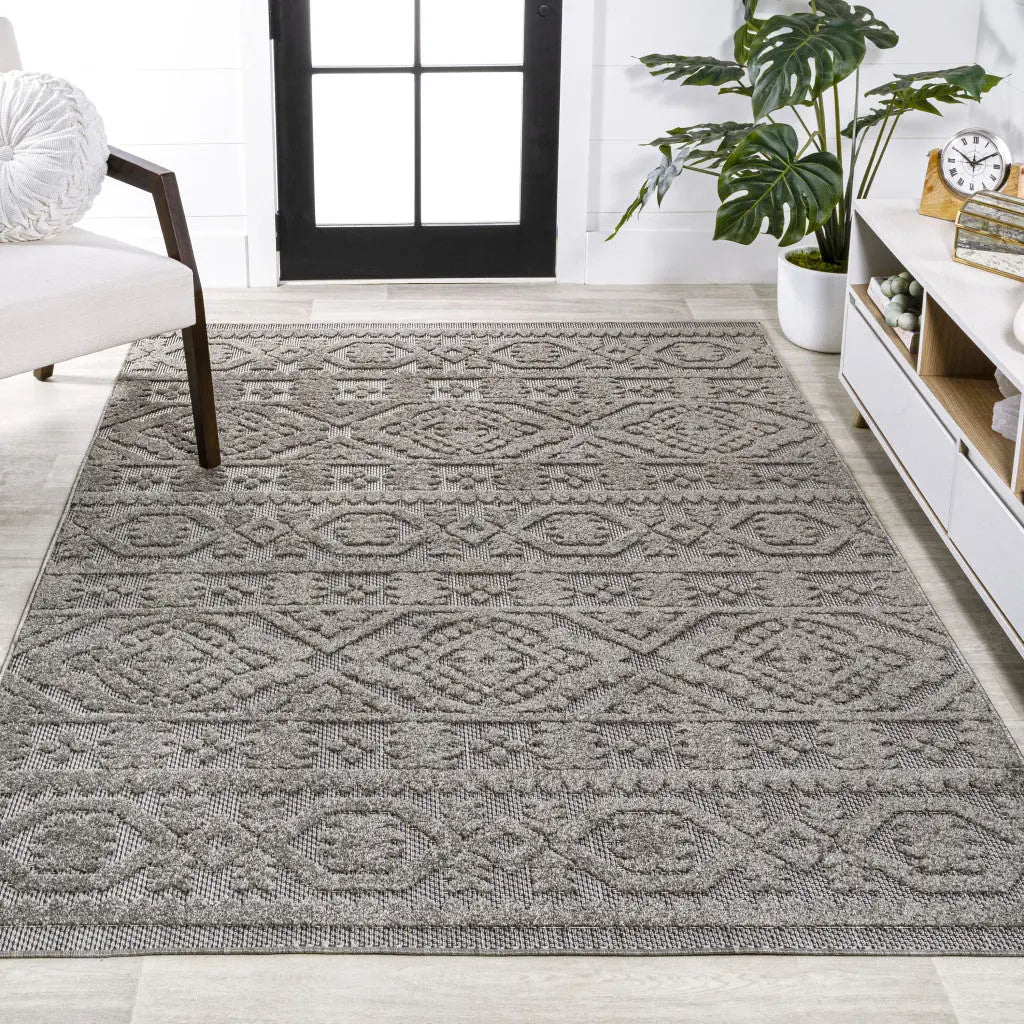 5' X 8' Dark Gray And Ivory Moroccan Indoor Outdoor Area Rug - GreatEagleInc