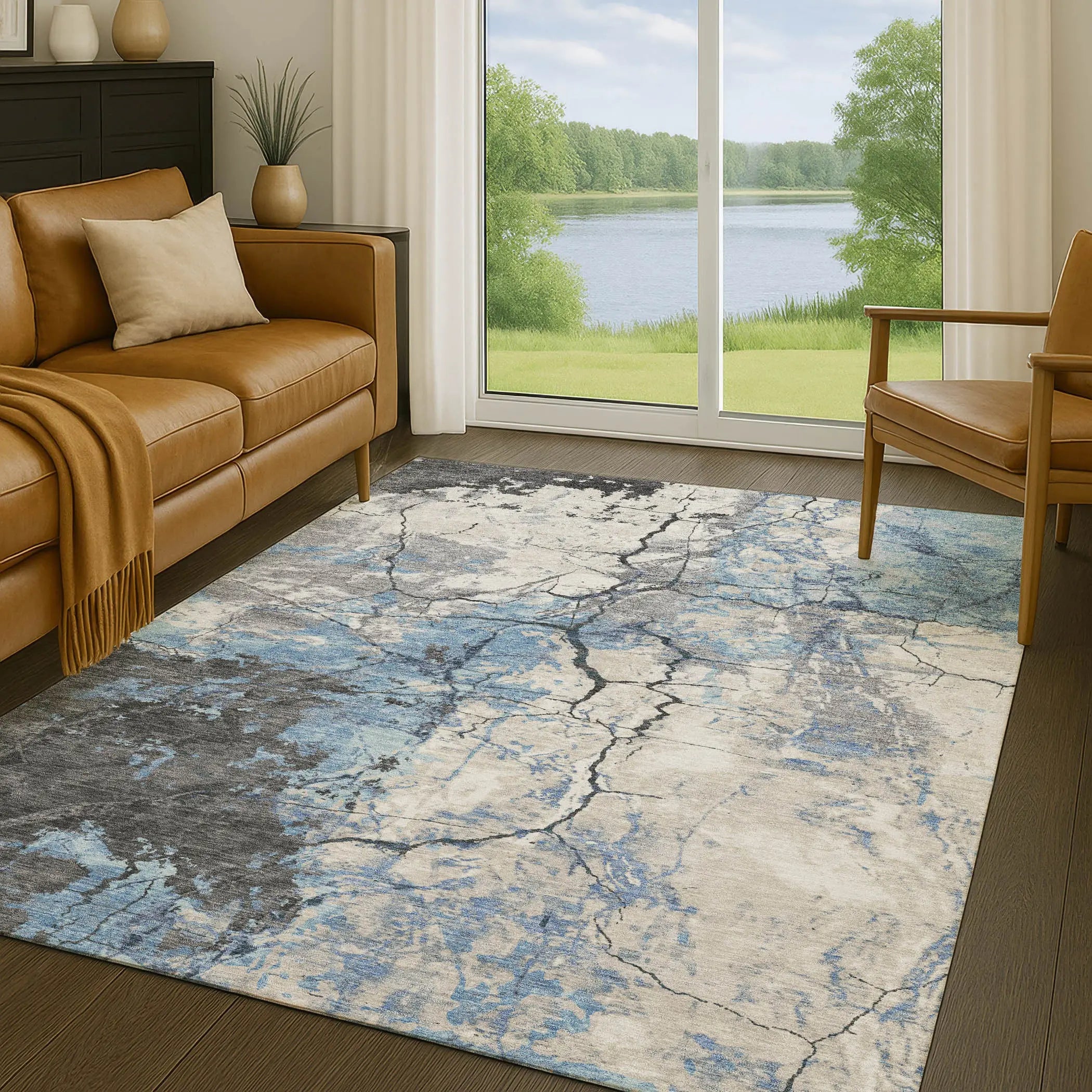 5' X 8' Denim Blue And Blue Abstract Washable Indoor Outdoor Area Rug Homeroots Outdoor