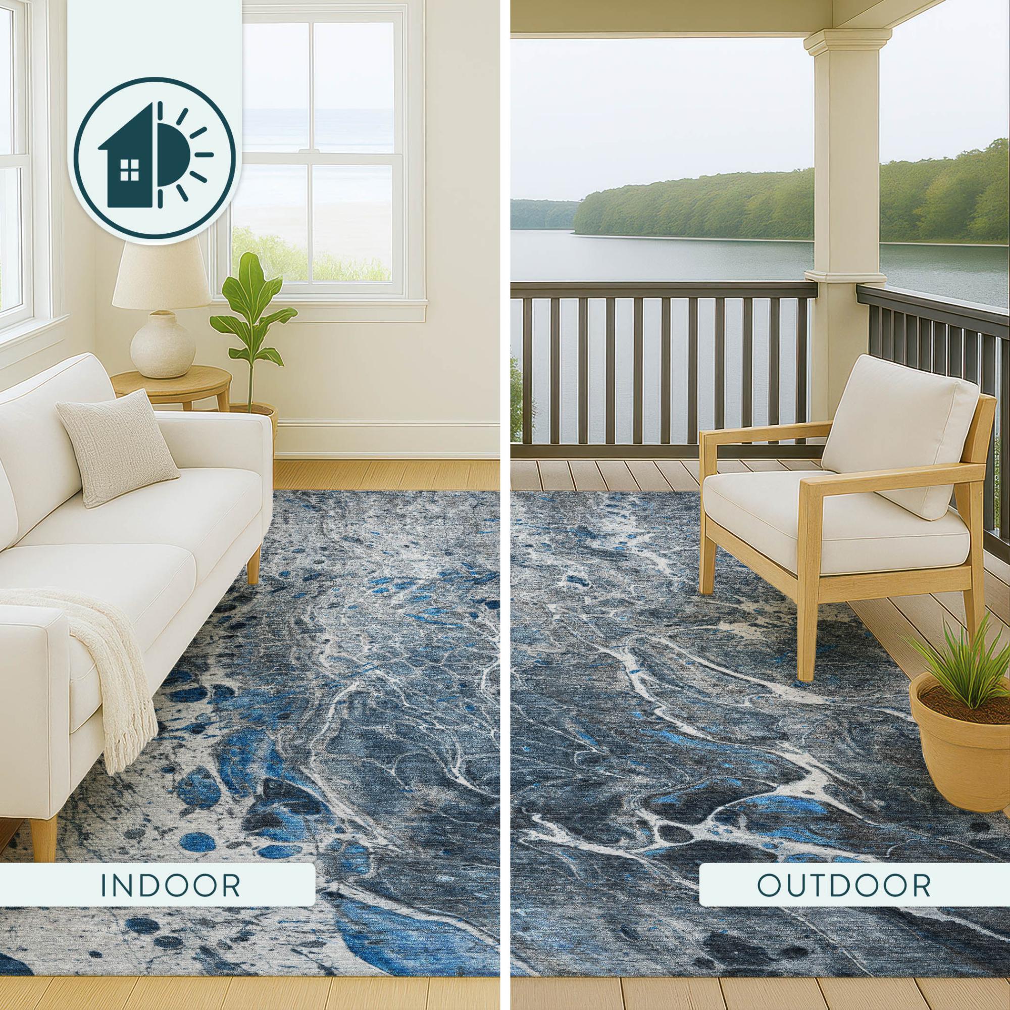 5' X 8' Denim Blue And Blue Abstract Washable Indoor Outdoor Area Rug Homeroots Outdoor