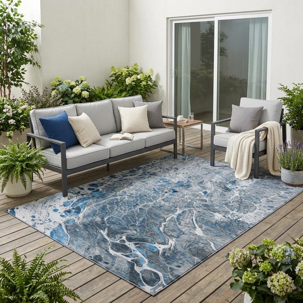 5' X 8' Denim Blue And Blue Abstract Washable Indoor Outdoor Area Rug Homeroots Outdoor