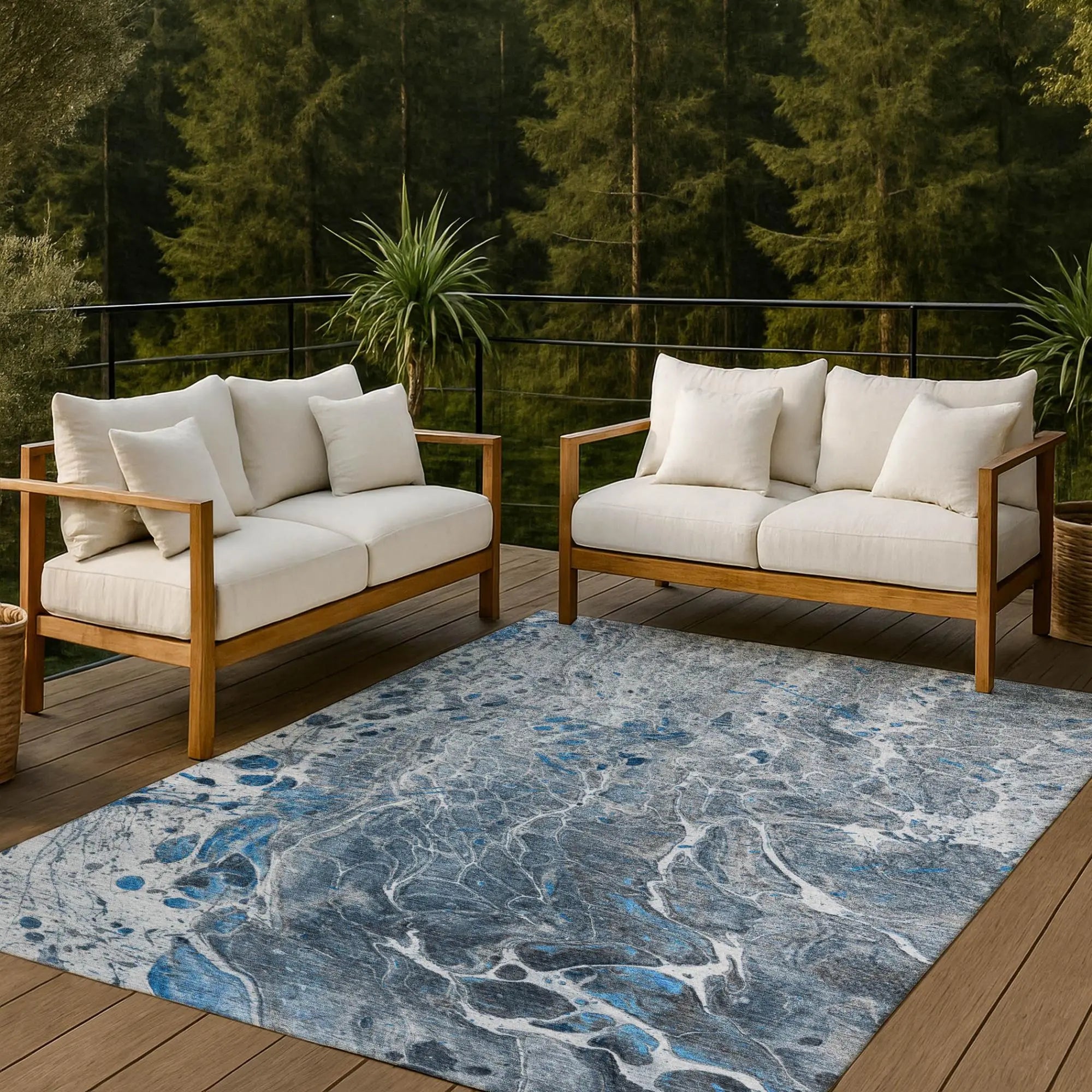 5' X 8' Denim Blue And Blue Abstract Washable Indoor Outdoor Area Rug Homeroots Outdoor