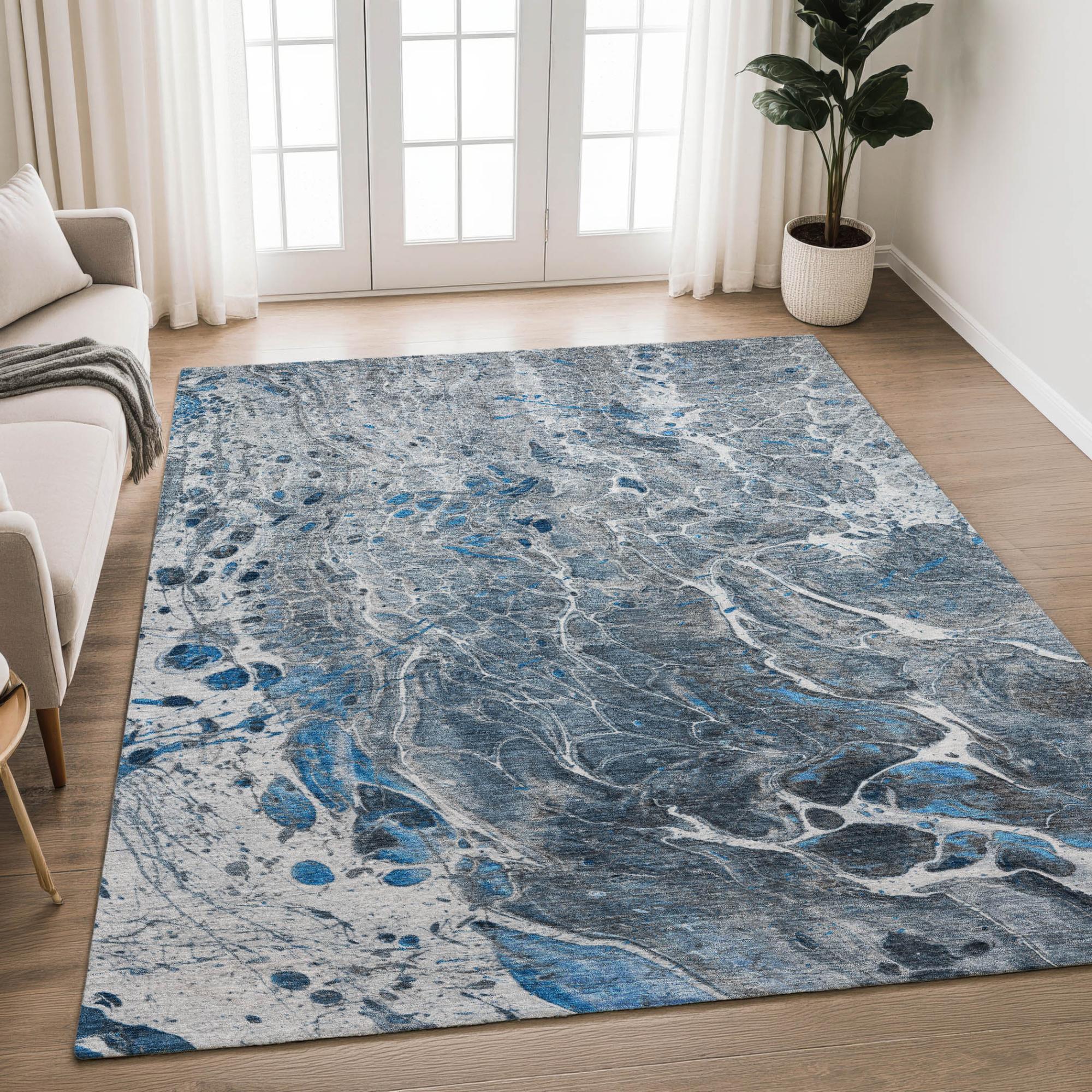 5' X 8' Denim Blue And Blue Abstract Washable Indoor Outdoor Area Rug Homeroots Outdoor