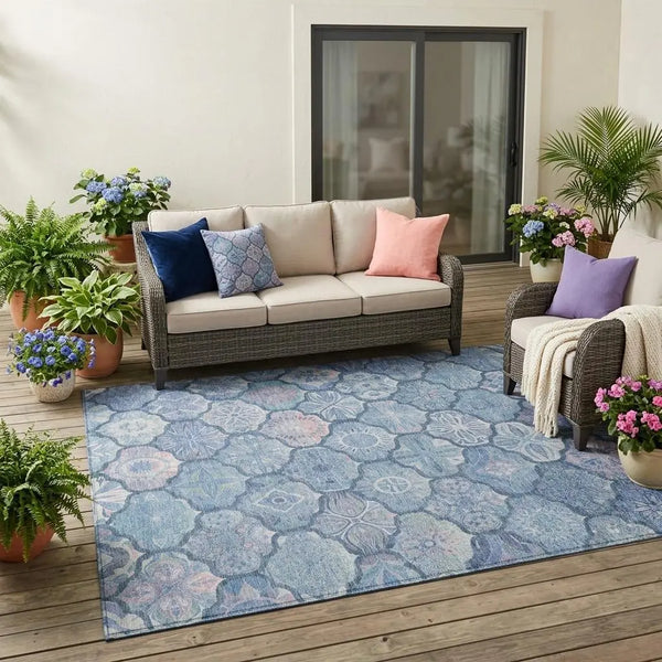 5' X 8' Denim Blue And Blue Ogee Washable Indoor Outdoor Area Rug Homeroots Outdoor