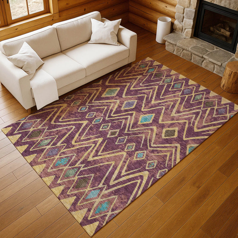 5' X 8' Eggplant And Blue Geometric Washable Indoor Outdoor Area Rug Homeroots Outdoor