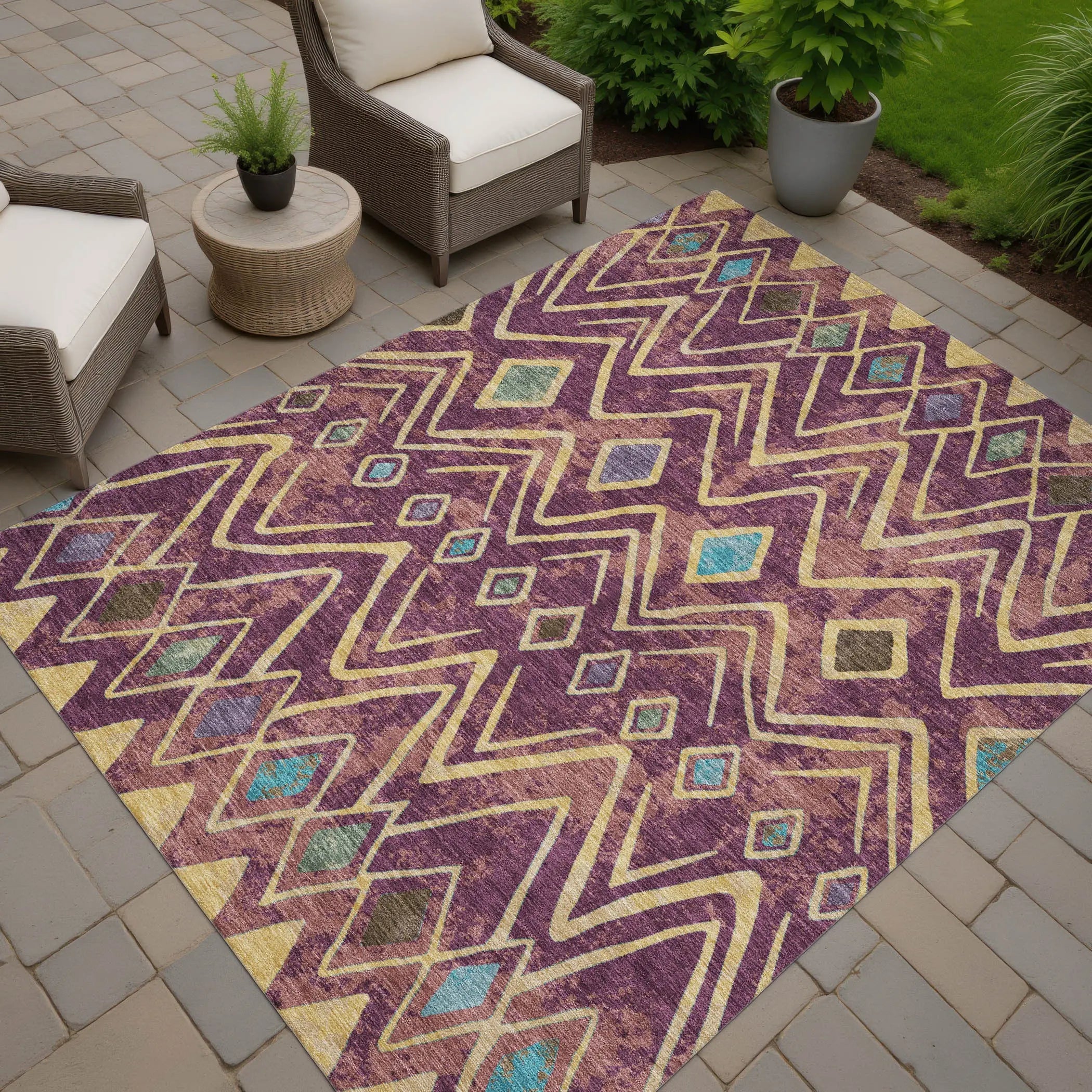 5' X 8' Eggplant And Blue Geometric Washable Indoor Outdoor Area Rug Homeroots Outdoor