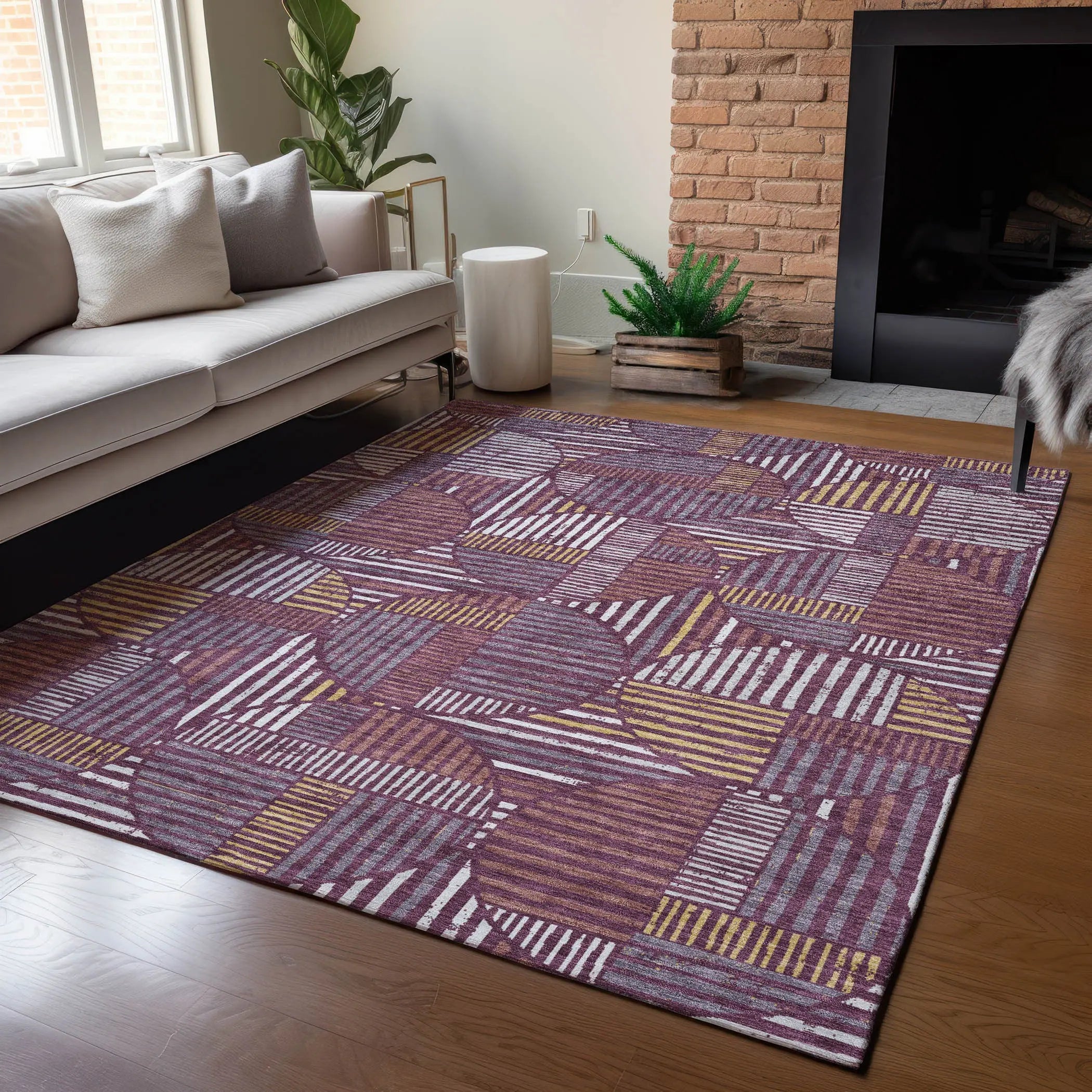 5' X 8' Eggplant And Brown Geometric Washable Indoor Outdoor Area Rug Homeroots Outdoor