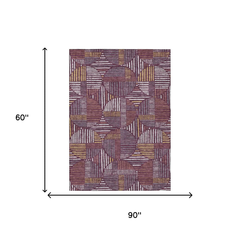 5' X 8' Eggplant And Brown Geometric Washable Indoor Outdoor Area Rug Homeroots Outdoor