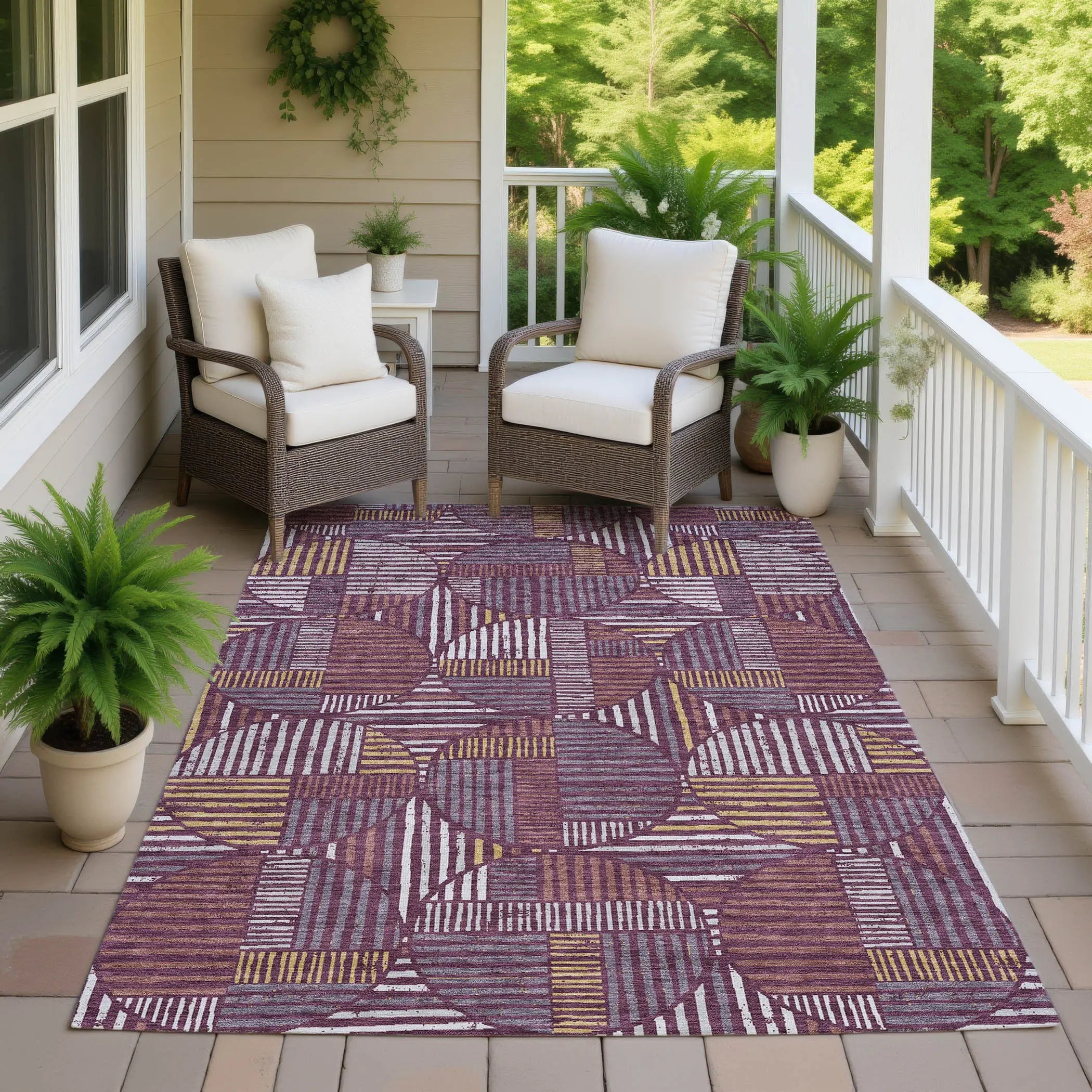 5' X 8' Eggplant And Brown Geometric Washable Indoor Outdoor Area Rug Homeroots Outdoor
