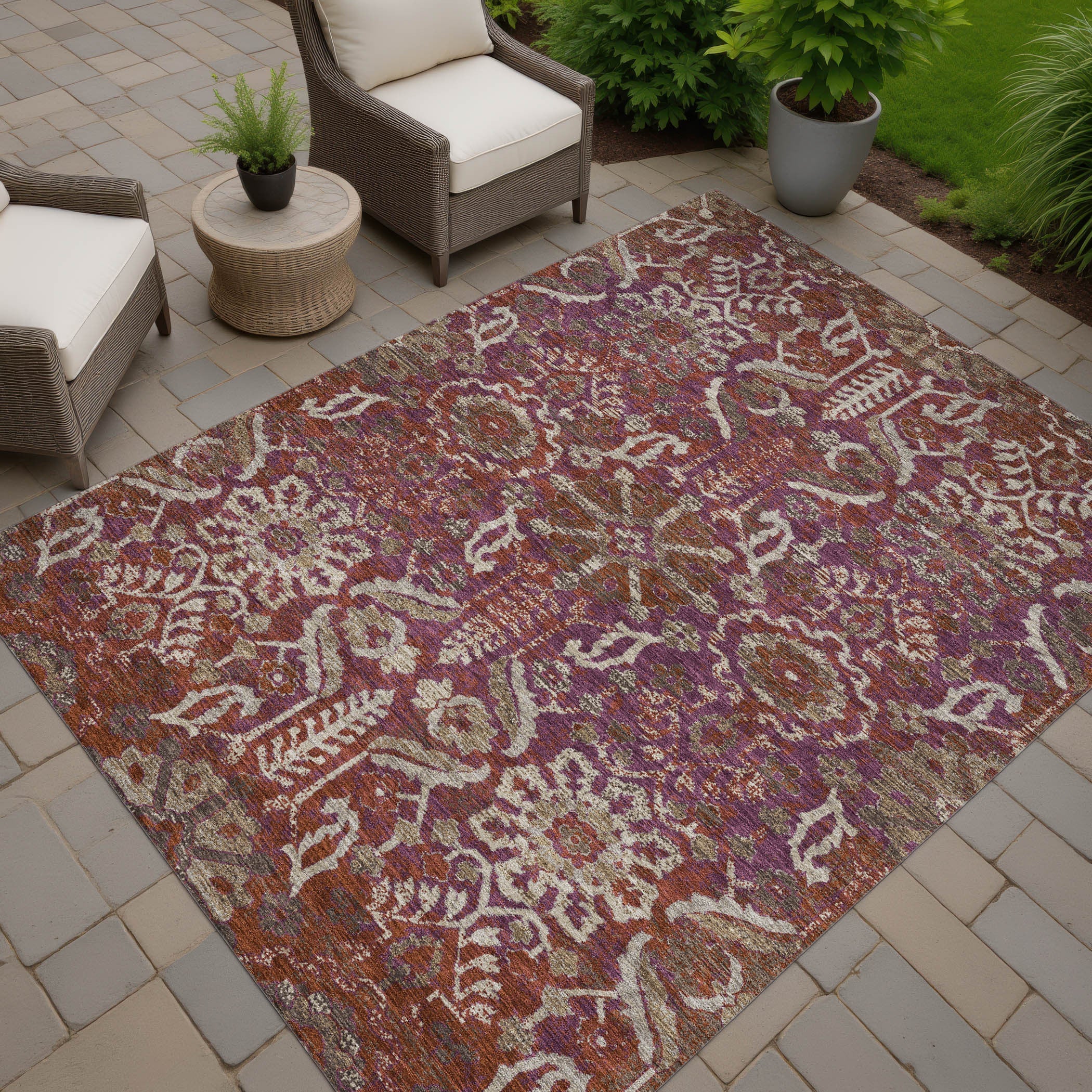 5' X 8' Eggplant And Purple Damask Washable Indoor Outdoor Area Rug Homeroots Outdoor