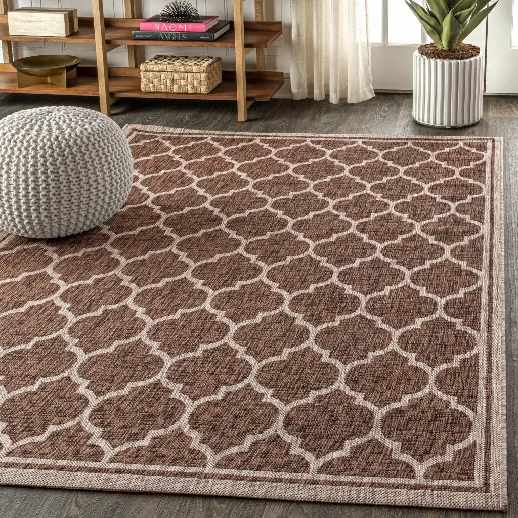 5' X 8' Espresso And Taupe Geometric Indoor Outdoor Area Rug Homeroots Outdoor
