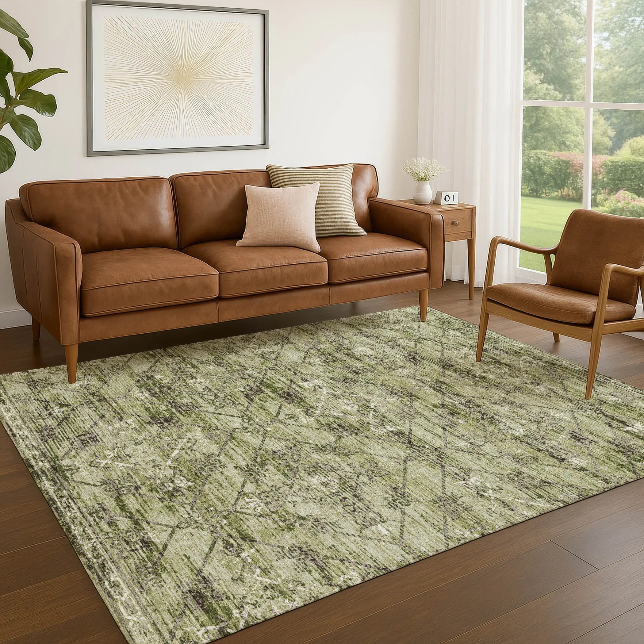 5' X 8' Fern Green And Brown Geometric Washable Indoor Outdoor Area Rug Homeroots Outdoor