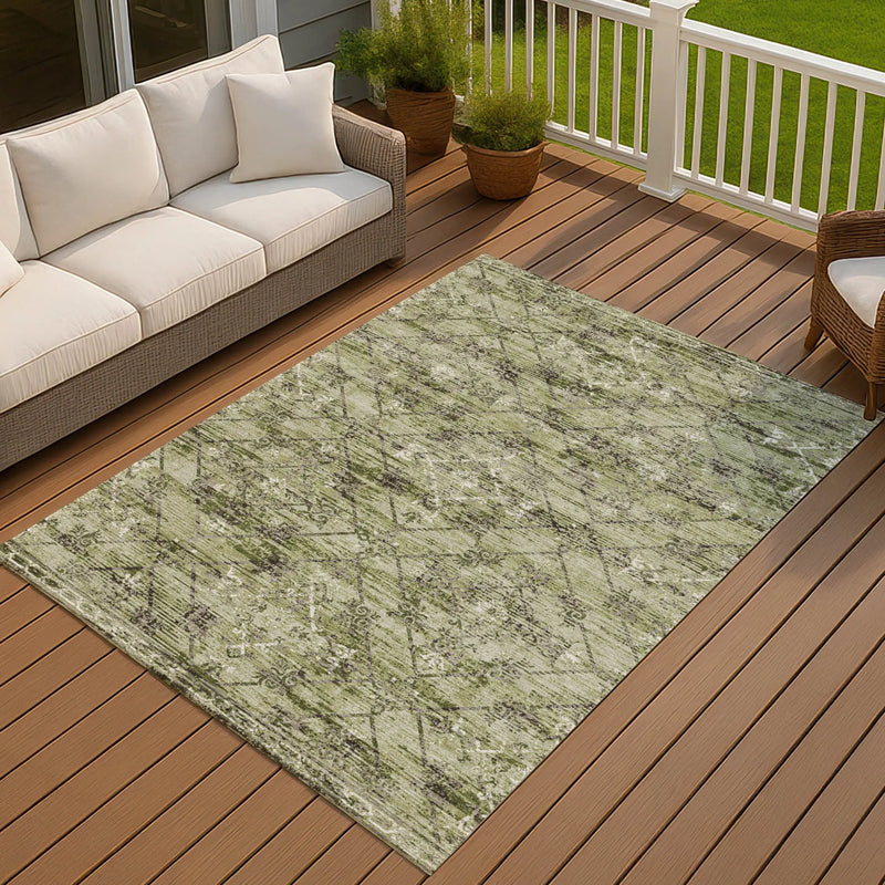 5' X 8' Fern Green And Brown Geometric Washable Indoor Outdoor Area Rug Homeroots Outdoor