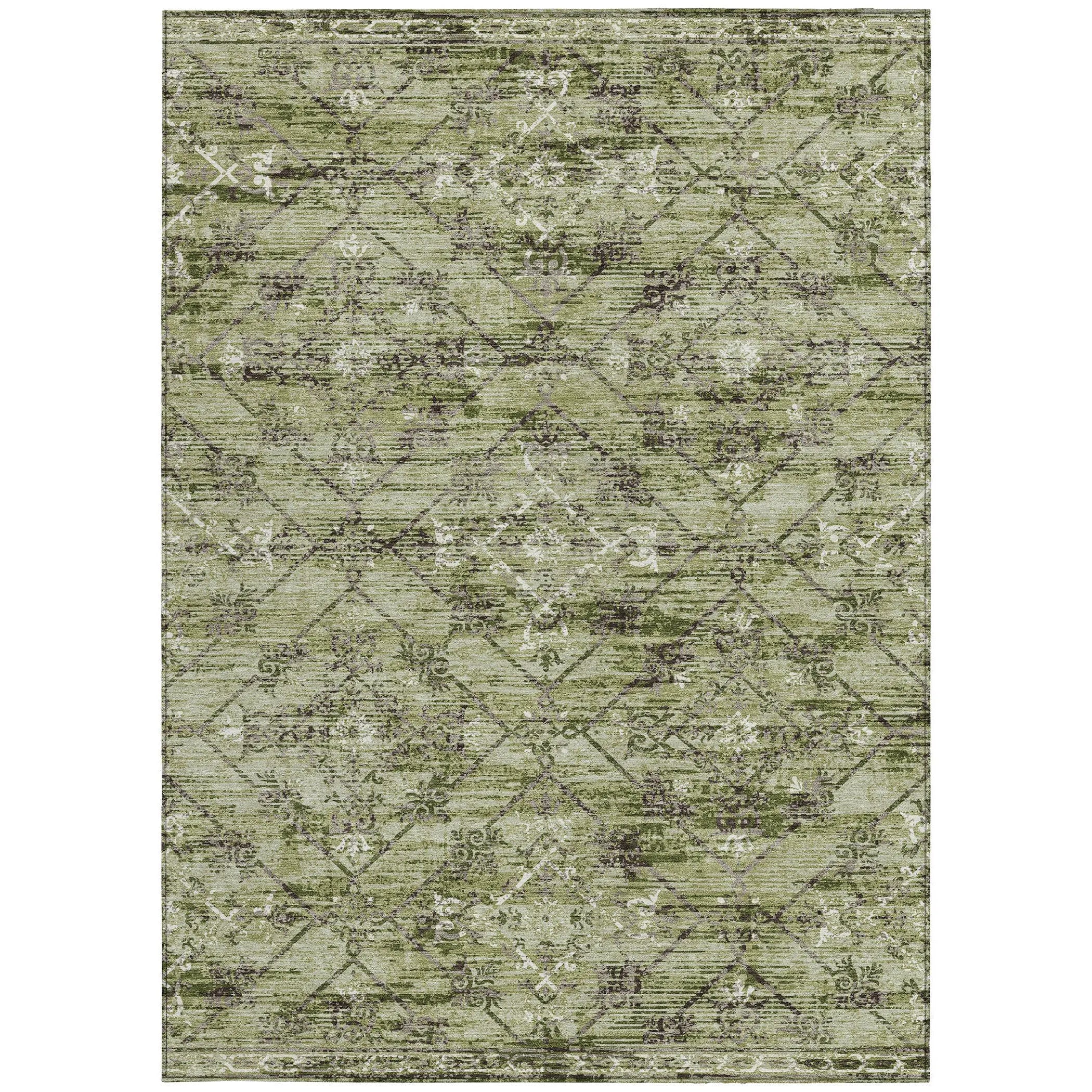 5' X 8' Fern Green And Brown Geometric Washable Indoor Outdoor Area Rug Homeroots Outdoor